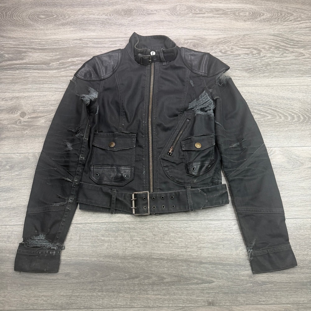 Polo Ralph Lauren Moto Jacket Womens XS Black Distressed Biker Belt Buckle RL 67